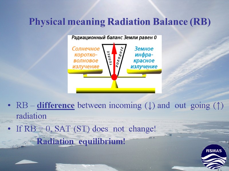 Physical meaning Radiation Balance (RB) RB – difference between incoming (↓) and  out